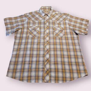 VTG Wrangler Western Pearl Snap Shirt Men’s XL Gold White Plaid Cowboy EUC